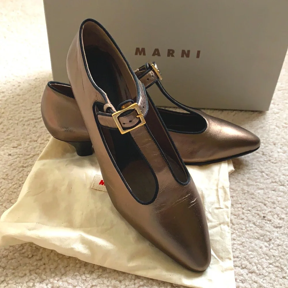 MARNI “Dorsey” T-strap kitten heel metallic leather shoes - Picture 1 of 11